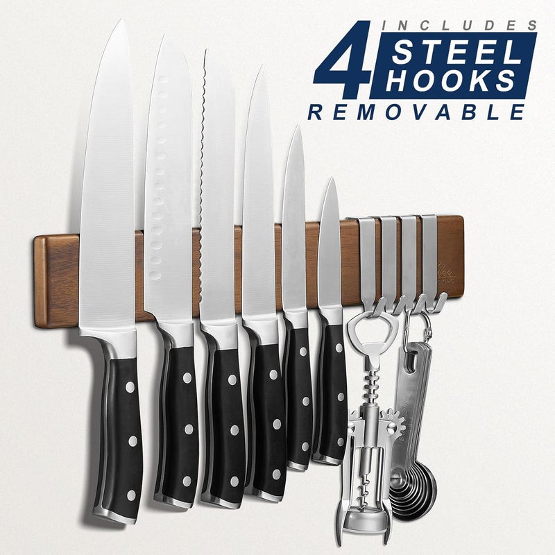 ENOKING 16 Inch Strong Magnetic Knife Holder for Wall, Solid Acacia Wood Knife Bar with 4 Hooks, 3-Way Installation: No-Drill Wall Mount, Screw Mount, & Refrigerator Slip-Proof Magnet Strip - Image 5